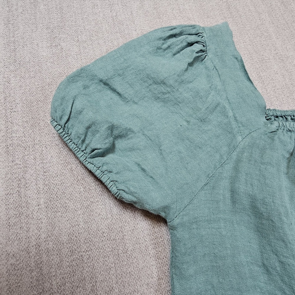 Bellambra Blouse Womens Medium Green 100% Linen Square Neck Short Sleeve Coastal - Picture 6 of 11